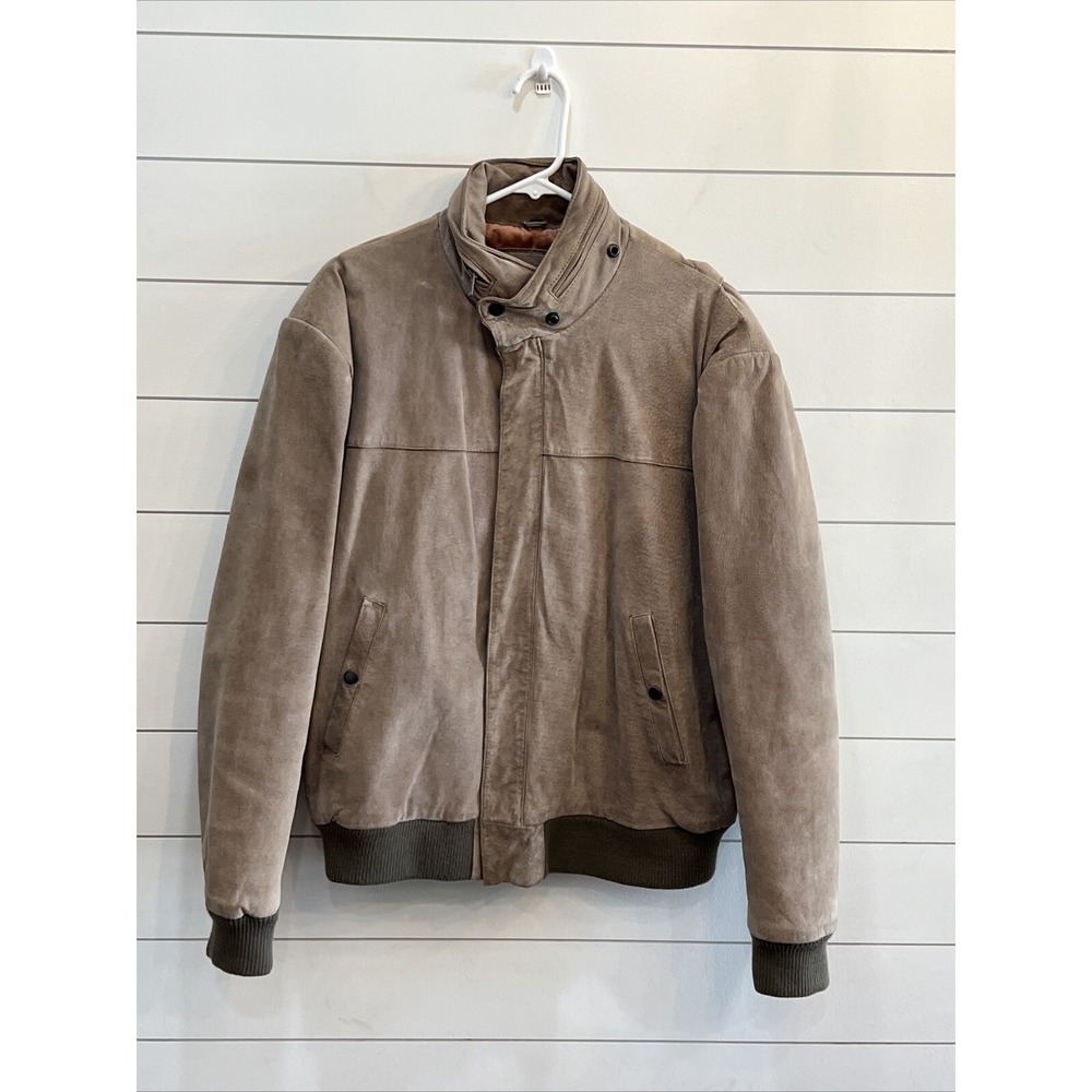 J. Riggings Brown Suede Leather Full Zip Bomber Jacket Hidden Zip Hood XL